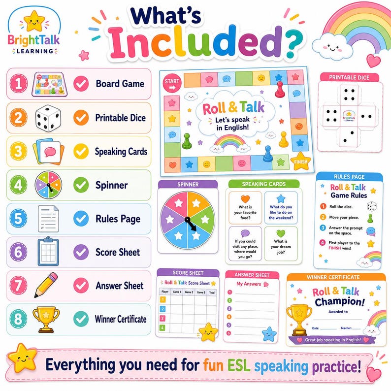 May include: An educational game set for ESL learners. The image shows a board game, dice, speaking cards, a spinner, rules, a score sheet, an answer sheet, and a winner's certificate. The game is called "Roll & Talk" and is designed for fun ESL speaking practice.