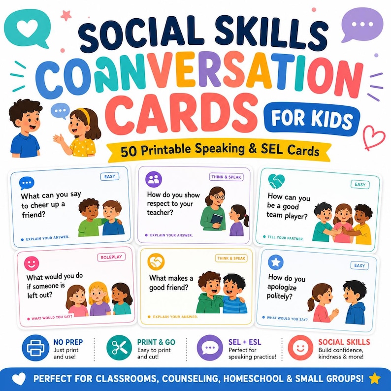 Social Skills Conversation Cards for Kids | SEL & ESL Speaking ...