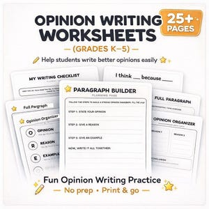 Puede incluir: Un conjunto de hojas de trabajo de escritura de opiniones para estudiantes de K-5. Las hojas de trabajo incluyen un constructor de párrafos, organizadores de opiniones y listas de verificación. La imagen presenta el texto "Opinion Writing Worksheets" y "Fun Opinion Writing Practice".