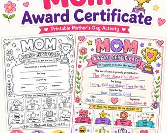 Mom Award Certificate Printable | Mother’s Day Coloring Activity for Kids