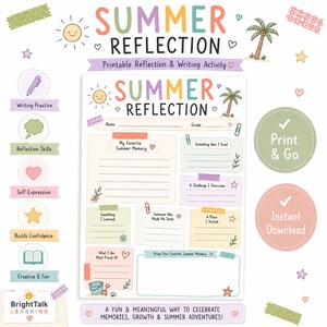 Puede incluir: Una hoja de actividad de escritura imprimible Summer Reflection con secciones de colores pastel para registrar recuerdos, desafíos y logros. La página incluye indicaciones como My Favorite Summer Memory, Something New I Tried y un espacio para dibujar un recuerdo.