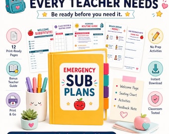 Emergency Sub Plans Kit Printable | Substitute Teacher Binder | No Prep Activities | Sub Folder | Grades 2-8