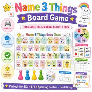 Op de afbeelding: Een kleurrijk bordspel genaamd "Name 3 Things", een printbaar ESL spreekactiviteitenpakket. Het bevat een spelbord, een spinner, spreekkaarten, dobbelstenen, pionnen en een certificaat. Geschikt voor kleine groepen en klasactiviteiten.