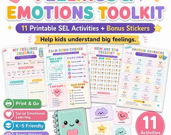 Feelings and Emotions Activities for Kids | SEL Printables | Calm Corner Posters | Feelings Wheel | Zones of Regulation | K-5