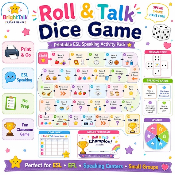 Roll and Talk Dice Game | ESL Speaking Activity for Kids (PDF Printable)