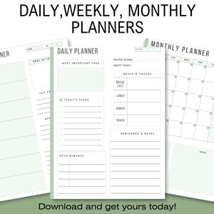 May include: Printable daily, weekly, and monthly planner pages with a green background. The pages include sections for tasks, appointments, meals, water intake, and reminders.