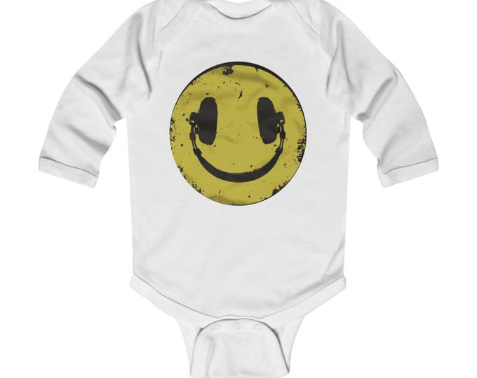happy face with headphones/ Dj. collection/ Infant Long Sleeve Bodysuit/black color/urban style