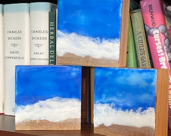 Mini Encaustic Beach Painting, Ocean Waves, Desktop Art