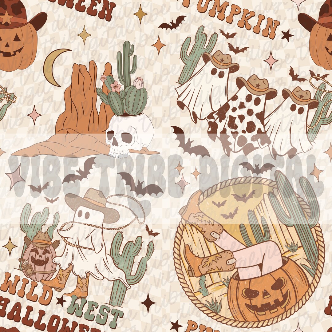 Cowgirl Halloween Seamless Design Repeating Pattern Fabric Printing
