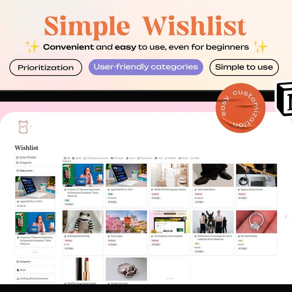 Notion Wishlist Template, Wish List Notion Template, Notion Dashboard, Notion Purchases Planner