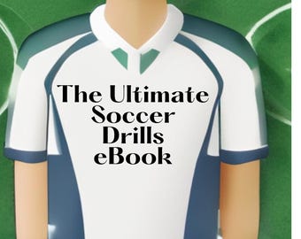 May include: A cartoon illustration of a soccer player in a white and blue jersey with the text "The Ultimate Soccer Drills eBook" on the front. The player is standing in front of a computer keyboard.