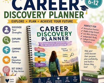 May include: A spiral-bound Career Discovery Planner workbook featuring a cover with a person walking toward mountains. The cover includes text such as Dream, Explore, Learn, Plan, and Achieve on signposts, alongside icons for self-discovery and education.