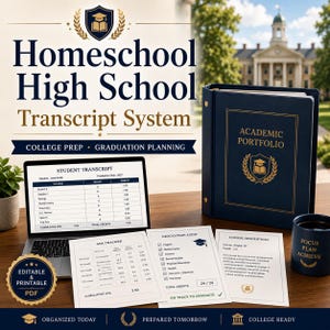 May include: A dark blue binder labeled Academic Portfolio with a gold crest, a laptop displaying a student transcript, and printed documents including a GPA tracker, graduation audit, and course description, plus a matching blue mug with gold text.