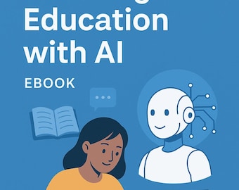 May include: Illustration promoting "Personalized Learning & Education with AI" ebook. A person in an orange top writes in a notebook next to a laptop. A white robot and an open book are also depicted. The background is blue.