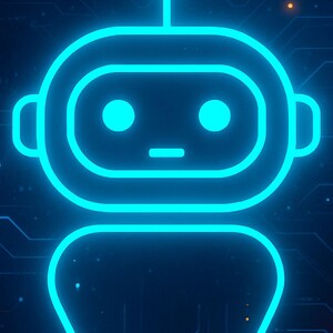 May include: A glowing blue outline of a robot's head and body against a dark blue background. The robot has a round head with two circular eyes, a horizontal line for a mouth, and a small antenna. The image has a futuristic, digital theme.