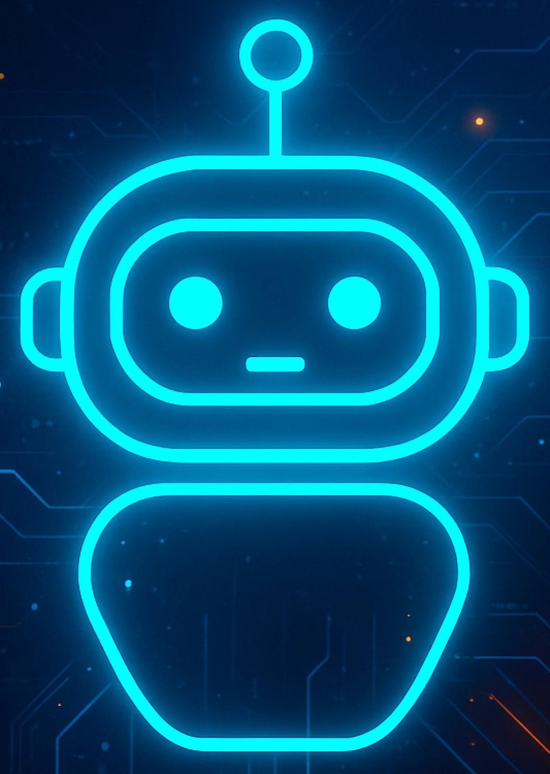 May include: A glowing blue outline of a robot's head and body against a dark blue background. The robot has a round head with two circular eyes, a horizontal line for a mouth, and a small antenna. The image has a futuristic, digital theme.
