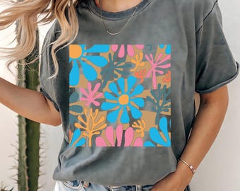 Camiseta retrô com estampa floral abstrata: Camiseta Boho Comfort Colors