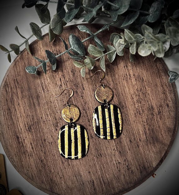 Black and Gold Earrings Polymer Clay Dangles New Years