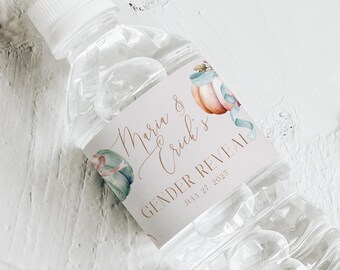 Editable Pastel Pumpkin with Bows Gender Reveal Water Bottle Label Template Fall Beverage Decoration