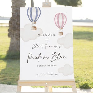 Editable Gender Reveal Welcome Sign Pink or Blue Hot Air Balloons Printable Sign Decor Welcome to Our Gender Reveal Clouds and Balloons Sign