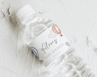 Editable Baby Shower Water Bottle Label Hot Air Balloons Printable Template Editable Favor Gender Neutral Baby Shower Decor Pink Blue