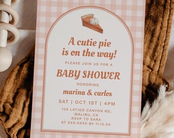 Editable Cutie Pie Baby Shower Invitation Printable Cream Peach Gingham Gender Neutral Fall Invite Sweet as a Pumpkin Pie Autumn Invite