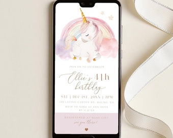 Editable Unicorn Birthday Evite Colorful Kingdom Rainbow Digital Invitation Template Dusty Pink Unicorn Girl Birthday Invitation