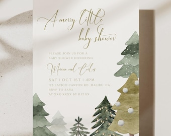 Editable Green Christmas Trees Baby Shower Invitation Printable A Merry Little Baby Forest Green Winterland Gender Neutral Baby Shower