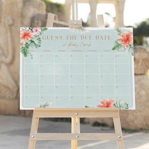 Editable Guess the Due Date Calendar Aloha Baby Shower Game Printable Tropical Gender Neutral Luau Baby Shower Sage Green Hawaiian Print