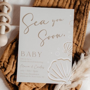 Editable Gender Reveal Sea you Soon Invitation Printable Ocean Theme Gender Neutral Coastal Invite Baby Shower Summer Seashells Beach Party
