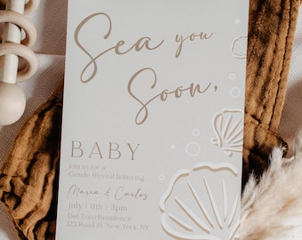Editable Gender Reveal Sea you Soon Invitation Printable Ocean Theme Gender Neutral Coastal Invite Baby Shower Summer Seashells Beach Party