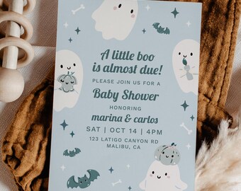 Editable Ghost Baby Shower Invitation Printable A Little Boo is Almost Due Baby Blue Halloween Baby Shower Boy Fall Invite