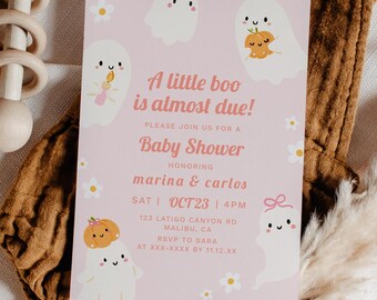Editable Ghost and Daisies Baby Shower Invitation Printable A Little Boo is Almost Due Pastel Pink Halloween Baby Shower Girl Fall Invite