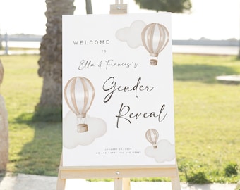 Editable Gender Reveal Welcome Sign Cream Hot Air Balloons Printable Sign Decor Welcome to Our Gender Reveal Clouds and Balloons Boho Sign