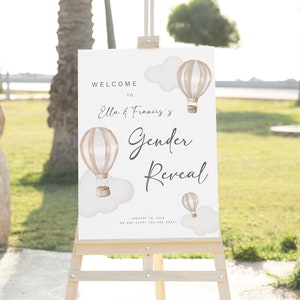 Editable Gender Reveal Welcome Sign Cream Hot Air Balloons Printable Sign Decor Welcome to Our Gender Reveal Clouds and Balloons Boho Sign