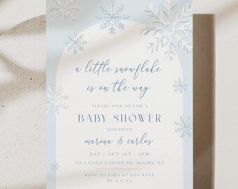 Editable Snowflake Invitation Printable A Little Snowflake is on the Way Baby Blue Winterland Baby Shower Invite Winter Gender Neutral Print