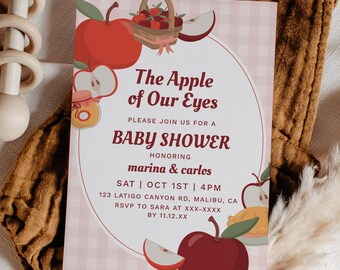 Apple Baby Shower Invitation: Fall Gingham Picnic Theme (Editable Digital Download