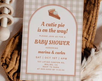 Cutie Pie Baby Shower Invitation: Beige Gingham Pumpkin (Digital Download