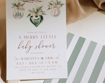 Editable A Merry Little Baby Shower Invitation Gender Neutral Printable Rustic Boho Christmas Holiday Green Ornaments Winter Shower Invite