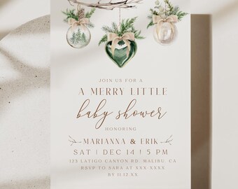 A Merry Little Baby Shower Invitation Editable Template Winter Green Boho Christmas Holiday Ornament Invite Gender Neutral Rustic Greenery
