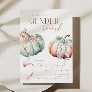 Editable Pumpkin Gender Reveal Invitation Cream Pink or Blue Reveal Invite Printable Boho Modern Invitation Beige Boy or Girl Fall Invite