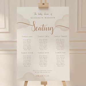 May include: A white seating chart with a brown script font for a baby shower. The chart lists the names of guests assigned to each table. The text at the top reads "The baby shower of Elizabeth Madison Seating".