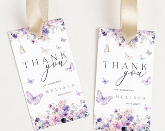 Editable Gift Tag Purple Butterfly Printable Favor Label Floral Butterflies Bachelorette Decorations Purple Bridal Modern Sign Garden Theme