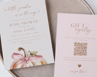 Pink Bow Pumpkin Baby Shower Invitation Printable Coquette Pumpkin Fall Theme Baby Shower Girl Invite Boho Modern Invitation