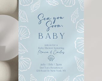 Editable Sea you Soon Baby Shower Invitation Printable Coastal Gender Neutral Invite Blue Baby Shower Summer Beach Party Han-drawn Shells