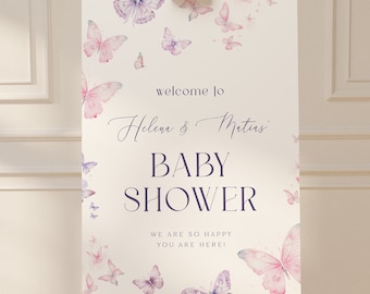 Editable Welcome Sign Butterflies Baby Shower Printable Butterfly Baby Shower Welcome Poster Pink and Purple Butterflies Sign Decorations