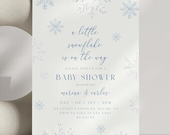 Editable Snowflake Invitation Printable A Little Snowflake is on the Way Baby Blue Winterland Baby Shower Invite Winter Gender Neutral Print
