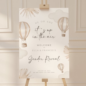 Editable Welcome Sign Cream Hot Air Balloons with Boho Leaves Gender Neutral Welcome Poster Modern Gender Reveal Sign Rustic Digital Poster