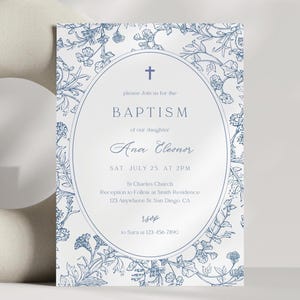 May include: A baptism invitation with a floral border in blue. The invitation includes the text "BAPTISM of our daughter Ana Eleonor" and event details. The RSVP information is also included.