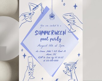 Editable Summerween Party Invitation Spooky Birthday or Bachelorette Halloween Fall Fun Pool Beach Event Retro Disco Hand-drawn invitation